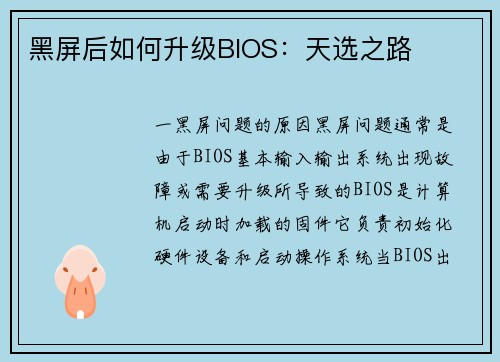 黑屏后如何升级BIOS：天选之路